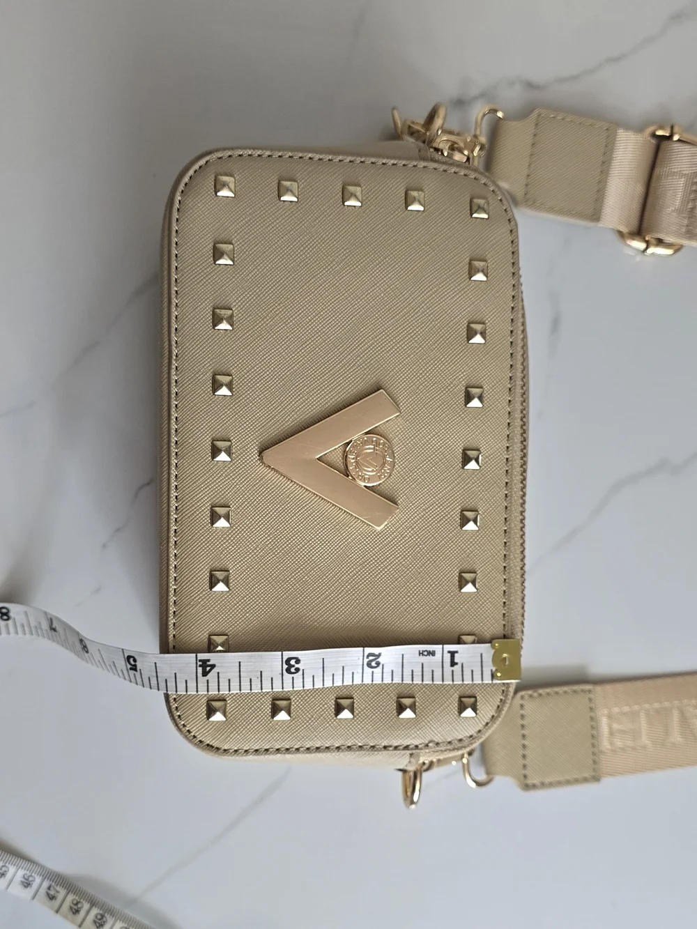 Valentino Orlandi Beige Studded Camera Crossbody Bag Gold Hardware Italy